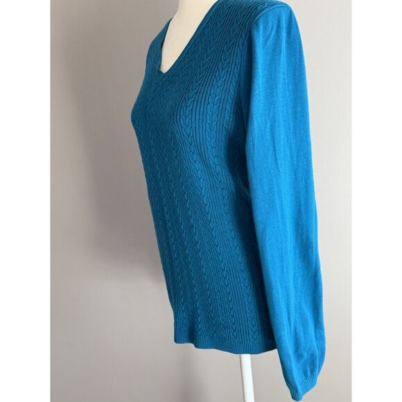 Talbots Cable Knit Sweater Lightweight V Neck Teal Blue Cotton Knit Preppy Large - Picture 5 of 16